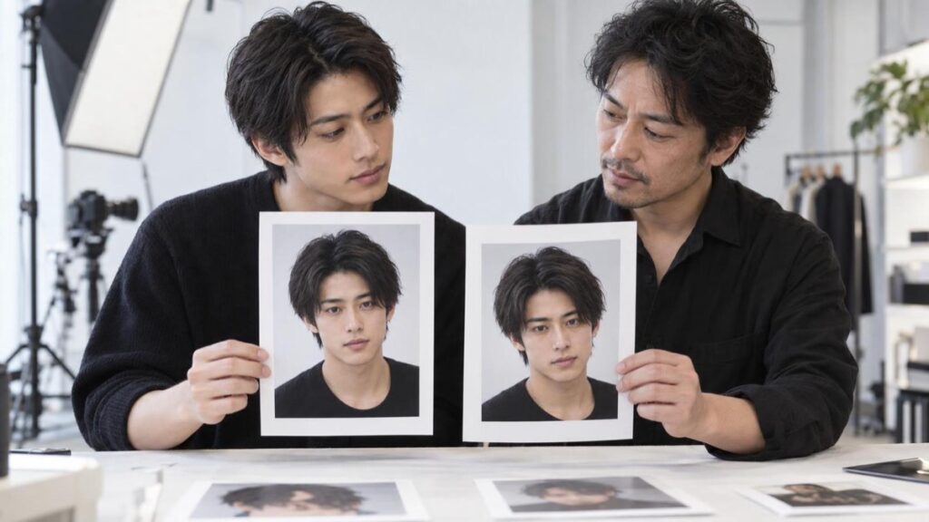 余白と色を比べながらオーディション写真のプリントを確認する様子