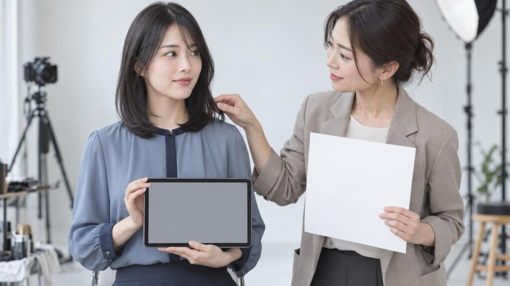 オーディション写真の応募要項と現在の髪型を撮影前に確認する成人女性と担当者