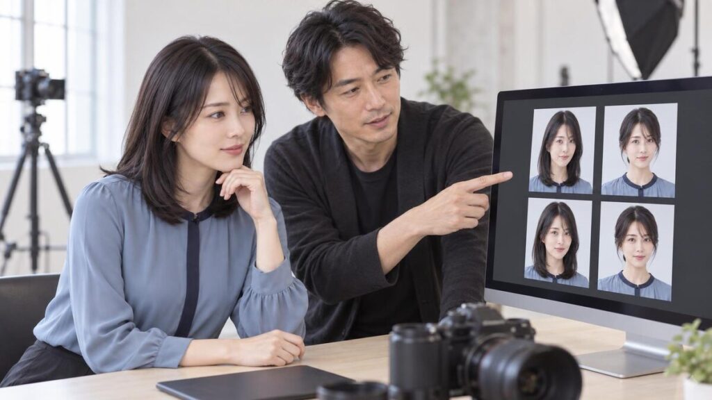 髪型違いのオーディション写真をモニターで比較する成人女性とフォトグラファー