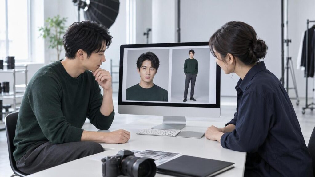 バストアップと全身のオーディション写真をモニターで比較する成人男性と撮影スタッフ