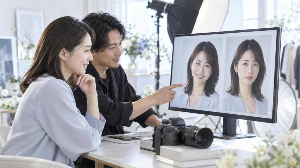 モニターで笑顔と穏やかな真顔のプロフィール写真を比較する様子