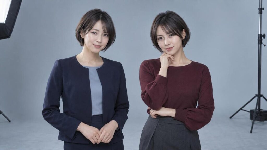 ネイビーとボルドーの衣装で宣材写真の表情と雰囲気を撮り分ける成人女性