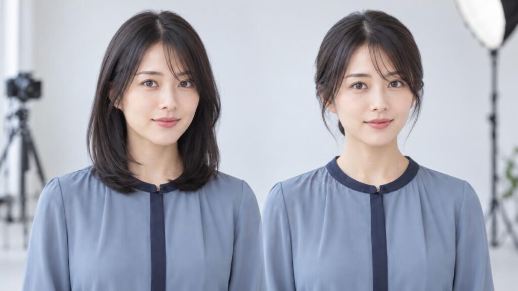 オーディション写真で髪を下ろした状態と低いまとめ髪を比較する成人女性