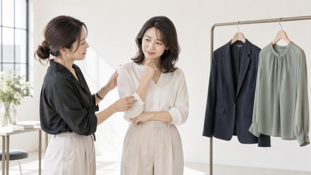 ネイビージャケットとくすみグリーンのブラウスを比較する女性経営者の撮影準備