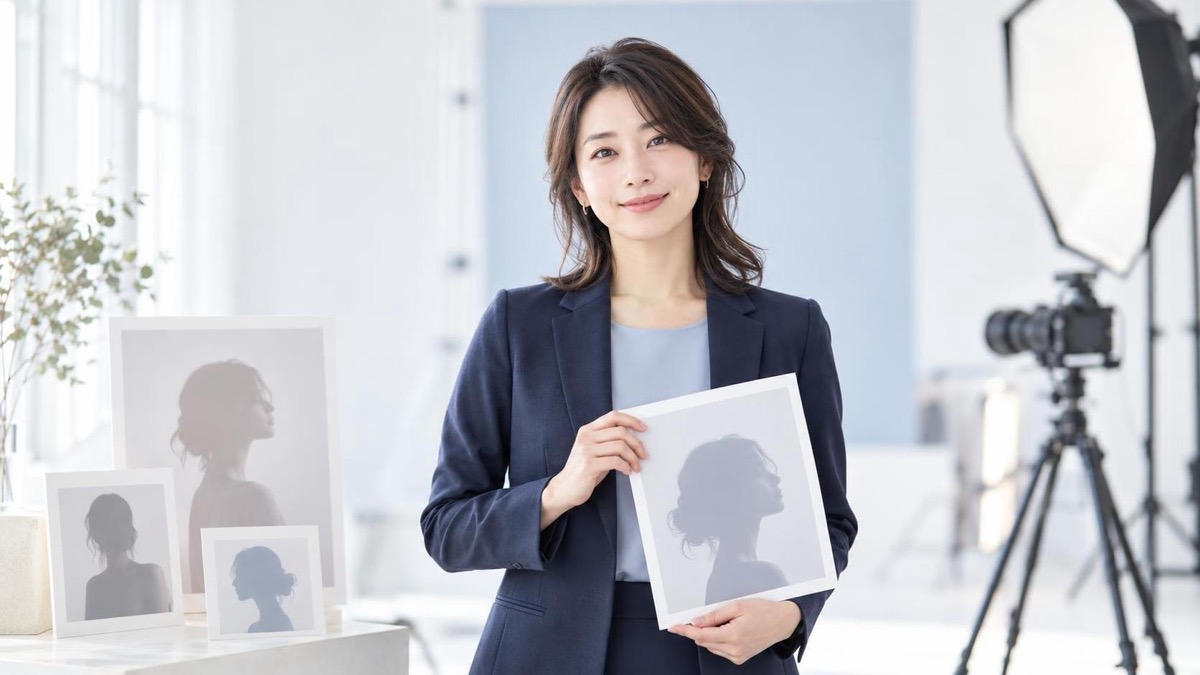 梅田のスタジオで媒体別の顔アップ写真を準備する日本人女性