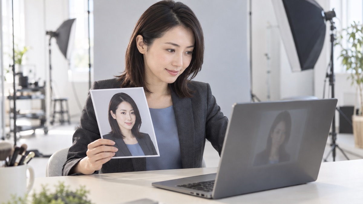 オーディション写真とオンライン面談の映りをスタジオで比較する日本人女性