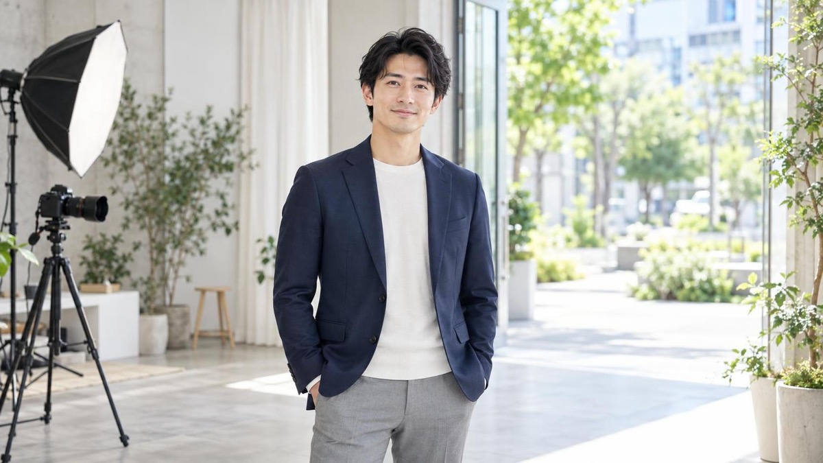 屋内スタジオと屋外空間を比較して大阪のプロフィール写真を準備する男性